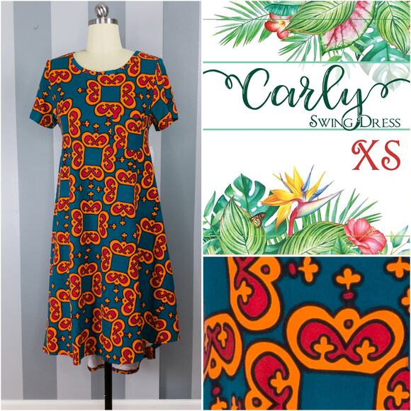 LuLaRoe Carly Dress XS Geometric Crown Pink Orange Teal High Low A-Line Swing - Picture 9 of 9